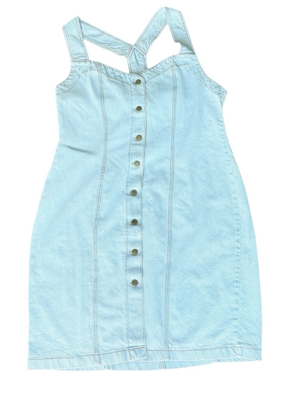 Vintage 90s Boardwalk Light Denim Dress Coastal Cowgirl Western Cross Back 18